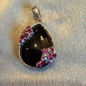 Black Onyx and Ruby Teardrop Pendant-Sterling Silver 925-Elegant Statement (205)